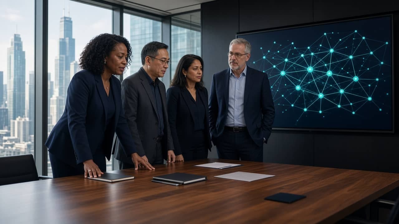 InfraAlly principals reviewing architecture in a Chicago boardroom