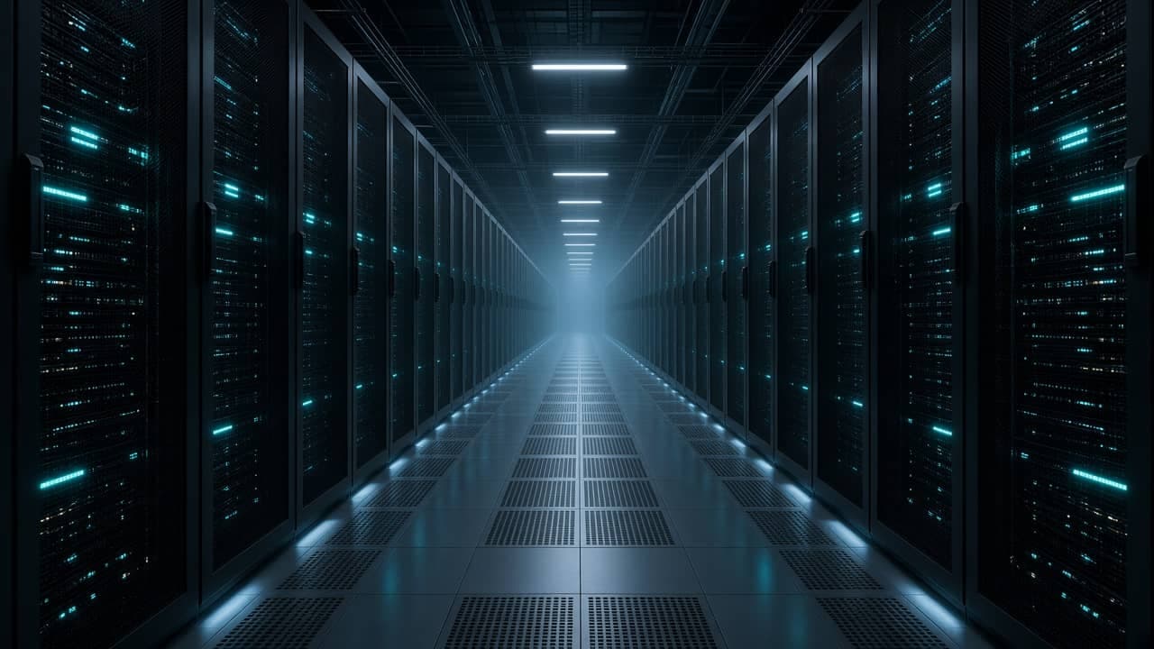 Hot aisle of a data center InfraAlly operates, cyan rack lighting in a symmetric row