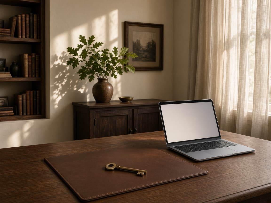 Sunlit oak study with a brass key and a blank light sign-in panel