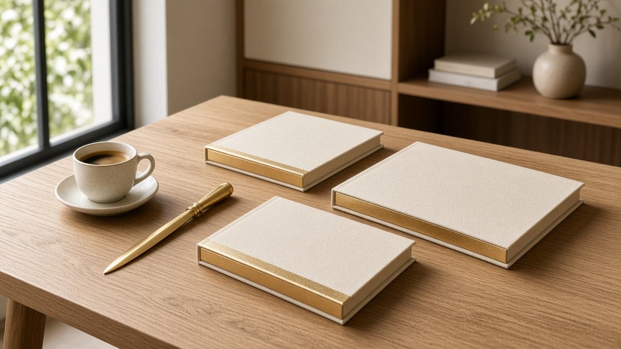 Walnut pricing studio with three gold-foil plan booklets in morning light