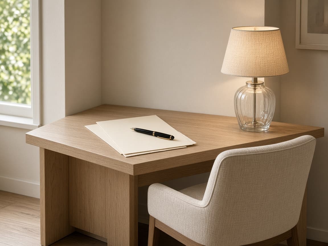 Quiet registration alcove with a fountain pen and a champagne glass lamp