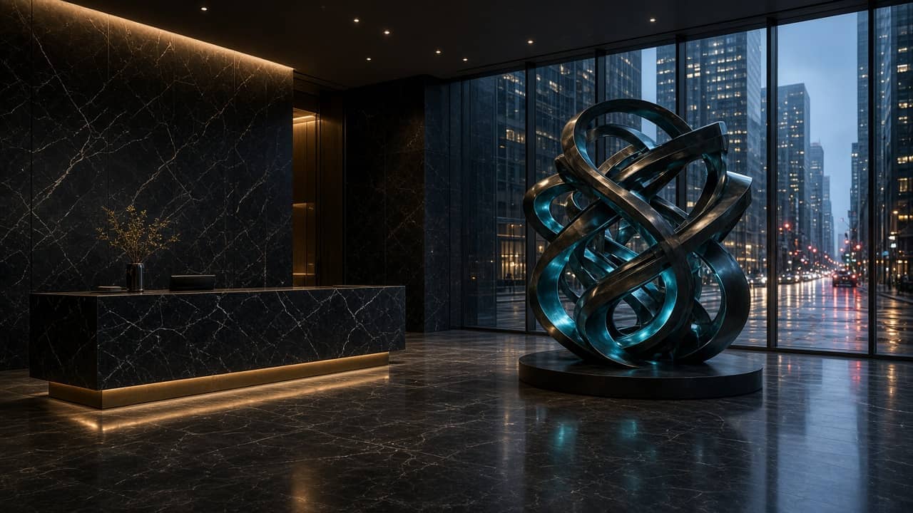 InfraAlly Chicago lobby at dusk, marble and brass with a teal sculpture