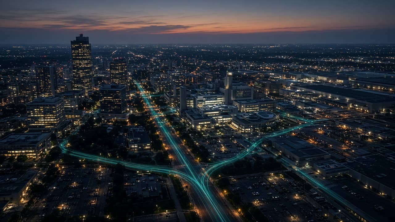 Dusk aerial of a connected North American campus with implied fiber routes in teal